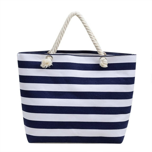 Beautynvta Beach Tote Bag for Women, Boho Beach Shoulder Bag with Cotton Rope Handles, Large Capacity Striped Handbag for Travel Summer Holiday Picnic, Dark Blue