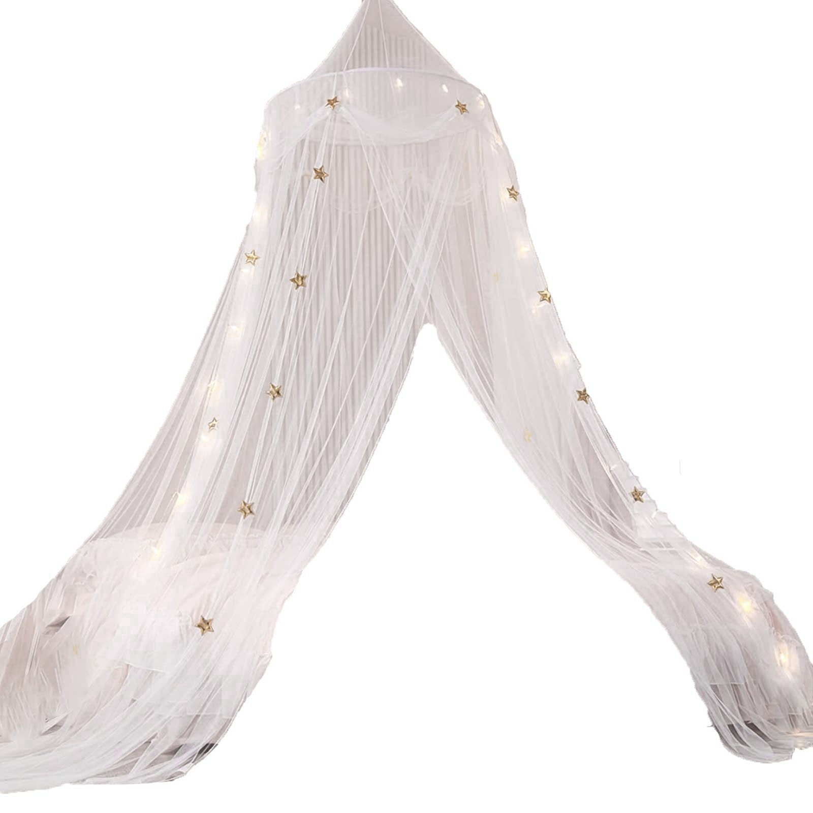 Beautynvta Bed Canopy Mosquito Net with Lights, Bed Canopy with Luminous Stars for Adults, Round Lace Dome Bed Canopy for Twin Size Bed
