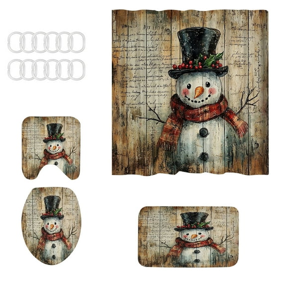 Beautynvta Christmas Bathroom Decor Set of 4, Vintage Snowman Printed Shower Curtain Sets with Rug, Toilet Lid Cover and Bath Mat for Holiday Bathroom Decorations