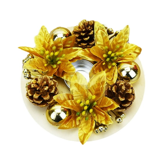 Beautynvta Christmas Candle Ring Wreath, 6'' Gold Artificial Poinsettias Pinecones Balls Candle Holder Decoration for Christmas Wedding Table Centerpiece Mantel Fireplace Home Decor