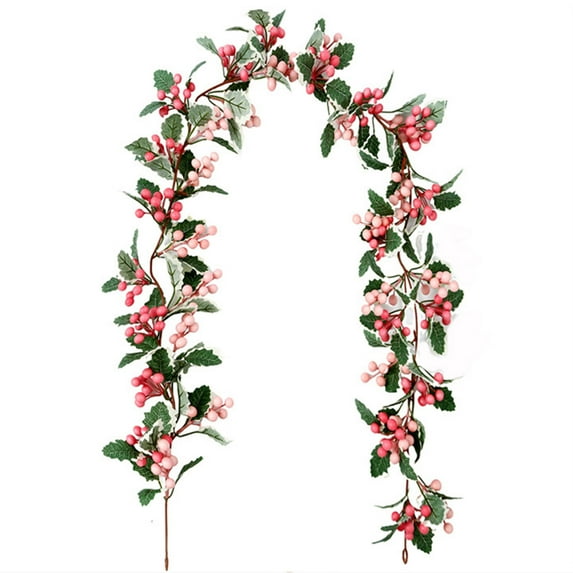 Beautynvta Christmas Garland, Artificial Pink Berry Hanging Garland with Green Leaves, 6.56 Ft Fake Berry Decorative Rattan for Stairs Wall Fireplace Mantel Indoor Outdoor Decor