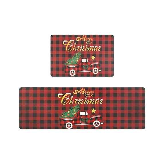 Beautynvta Christmas Kitchen Rugs Set of 2, Buffalo Plaid Tree Truck Kitchen Mat, Winter Holiday Party Floor Door Mat Merry Christmas Decorations for Home Kitchen
