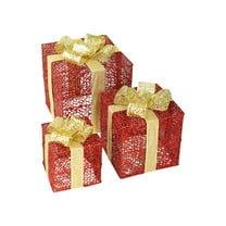 Beautynvta Christmas Lighted Boxes Set of 3, Metal Mesh Xmas Gift Boxes with LED Lights and Bows for Indoor Outdoor Christmas Tree, Yard, Party Decorations, Red