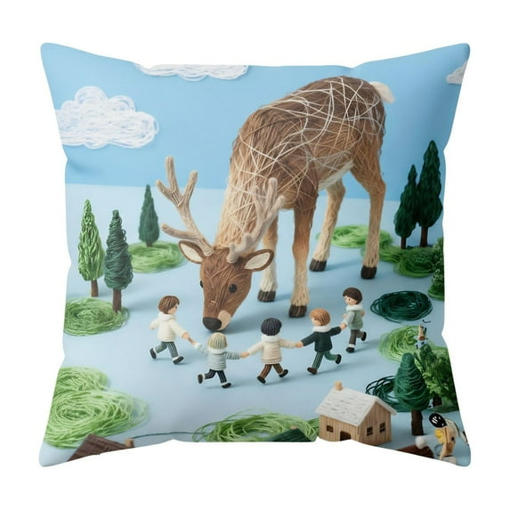 Beautynvta Christmas Pillow Cover, 18x18 Inch, Forest Reindeer Pattern Decorative Throw Pillow Case, Soft Fabric Holiday Cushion Cover for Sofa Coush Bed Home Decor