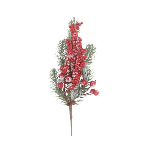 Beautynvta Christmas Pine Needles Branch, 9.84'' Snow Frost Artificial Pine Branch with Red Berries, Fake Pine Berries Picks Stems for Xmas Tree Wreath DIY Craft Holiday Decor