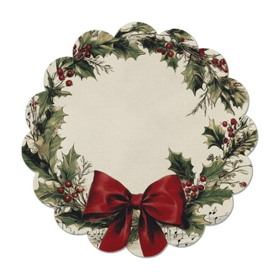 Beautynvta Christmas Placemat, Round Holly Leaves Wreath Bow Printed Rubber Placemat, Washable Heat-Resistant Western Table Mat for Xmas Holiday Table Decoration
