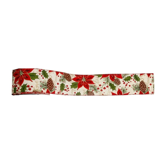 Beautynvta Christmas Ribbon, 16.4 Ft Poinsettias Pinecones Printed Christmas Wired Ribbon, Xmas Wired Ribbon Roll for Winter Wreath Bow Making DIY Crafts Gift Wrapping