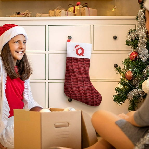 Beautynvta Christmas Stockings with Initials, 17.7'' Personalized Embroidered Letter Red White Knitted Xmas Stockings for Family Holiday Decorations and Xmas Tree Fireplace, Q