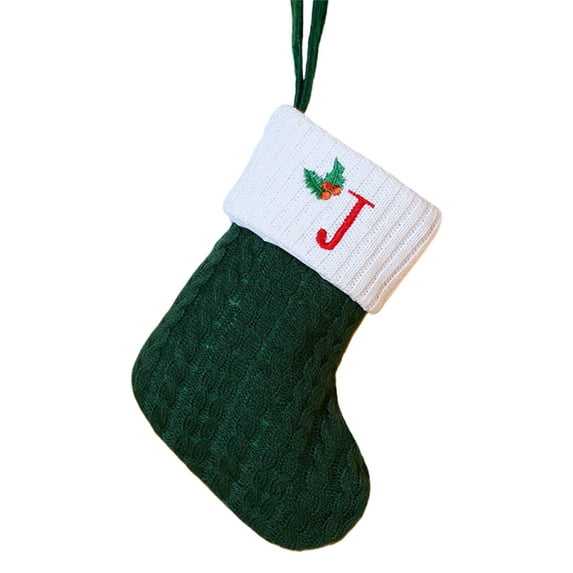 Beautynvta Christmas Stockings with Initials, 7.9'' Personalized Embroidered Xmas Stockings, Knited Green White Christmas Stocking for Family Holiday Decorations and Xmas Tree Fireplace, J