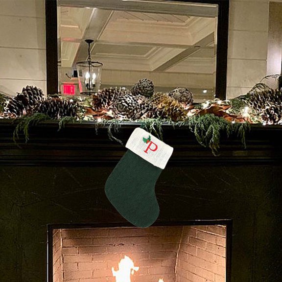Beautynvta Christmas Stockings with Initials, 8'' Small Embroidered Letter Knit Green White Xmas Stocking, Personalized Letter Stockings for Christmas Xmas Tree Holiday Fireplace, P