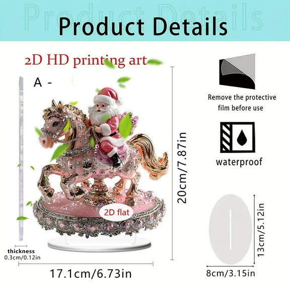 Beautynvta Christmas Table Decorations, Pink Santa Claus Carousel Tabletop Ornament, Glitter 2D Flat Acrylic Santa Claus Decoration with Base, Holiday Christmas Gifts