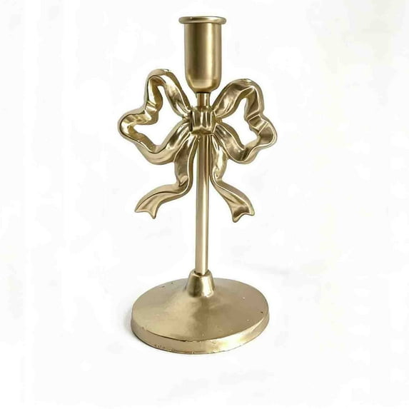 Beautynvta Christmas Taper Candle Holder, 7.7'' Gold Detachable Bow Candle Stick Holder, Vintage Metal Candle Stand for Dining Table Centerpiece, Valentine's Day Decor