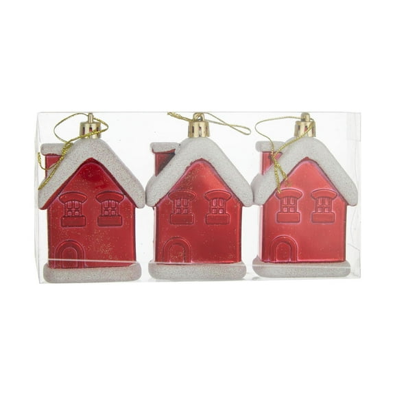 Beautynvta Christmas Tree Ornaments, 3 Pack Glitter Christmas Snow House Hanging Ornaments, Shaped Painted Christmas Ball Ornaments for Xmas Tree Holiday Party Wedding Decor, Red