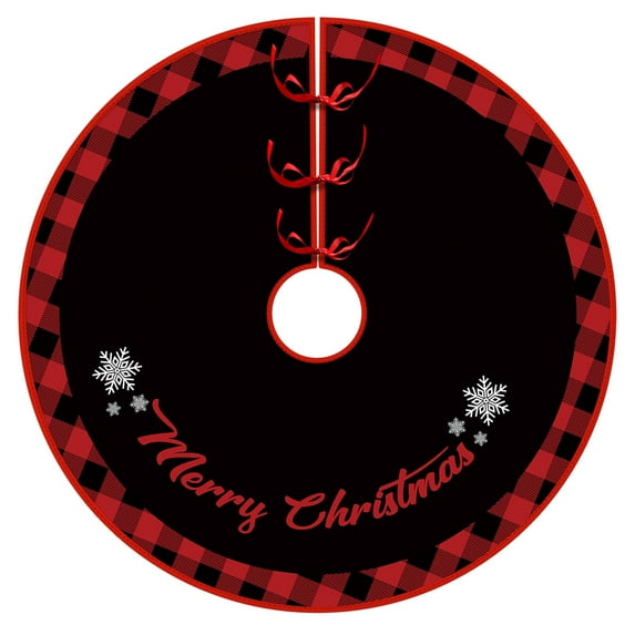 Beautynvta Christmas Tree Skirt, 30'' Black Red Merry Christmas Snowflake Printed Xmas Tree Skirt Mat, Soft Plush Farmhouse Tree Skirt for Holiday Party Home Indoor Decorations