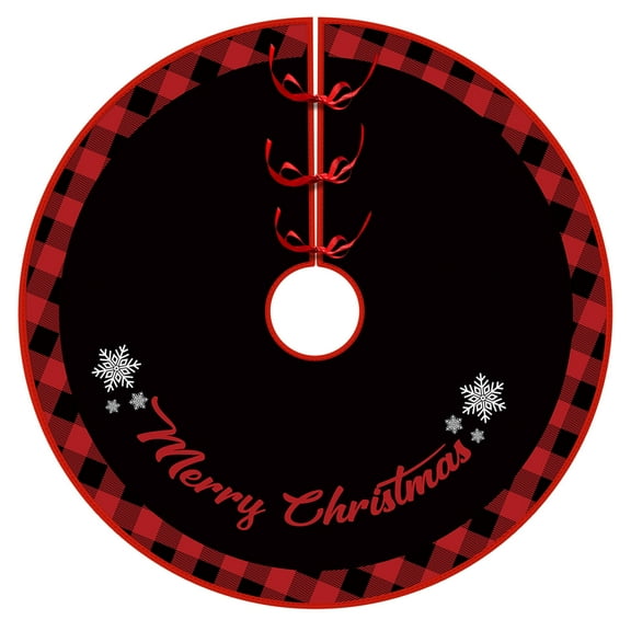 Beautynvta Christmas Tree Skirt, 35.4'' Black Red Merry Christmas Snowflake Printed Xmas Tree Skirt Mat, Soft Plush Farmhouse Tree Skirt for Holiday Party Home Indoor Decorations