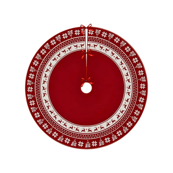 Beautynvta Christmas Tree Skirt, 35.4'' Red White Christmas Tree Snowflake Reindeer Painted Tree Skirt, Winter Xmas Tree Mat Decorations for Home Party Holiday Decorations