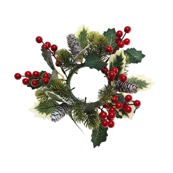 Beautynvta Christmas Valentines Candle Ring Wreath, Artificial Pine Needles Wreath with Red Berry, Pinecone and Holly Leaves, Xmas Wreath for Wedding Table Centerpiece Decor