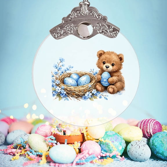 Beautynvta Clear Round Easter Ornaments, 2D Flat Crystal Glass Pendant with Blue Eggs Forest Animals Pattern, Spring Holiday Hanging Decor for Easter Tree, Wall, Window, Silver