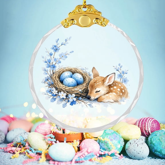 Beautynvta Clear Round Easter Ornaments, 2D Flat Crystal Glass Pendant with Blue Eggs Forest Animals Pattern, Spring Holiday Hanging Decor for Easter Tree, Wall, Window, Gold