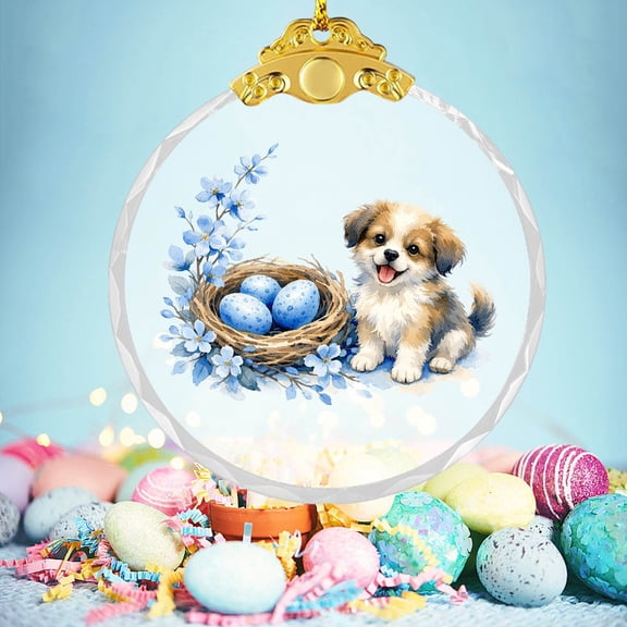 Beautynvta Clear Round Easter Ornaments, 2D Flat Crystal Glass Pendant with Blue Eggs Forest Animals Pattern, Spring Holiday Hanging Decor for Easter Tree, Wall, Window, Gold
