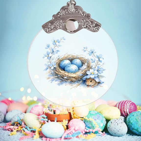 Beautynvta Clear Round Easter Ornaments, 2D Flat Crystal Glass Pendant with Blue Eggs Forest Animals Pattern, Spring Holiday Hanging Decor for Easter Tree, Wall, Window, Silver