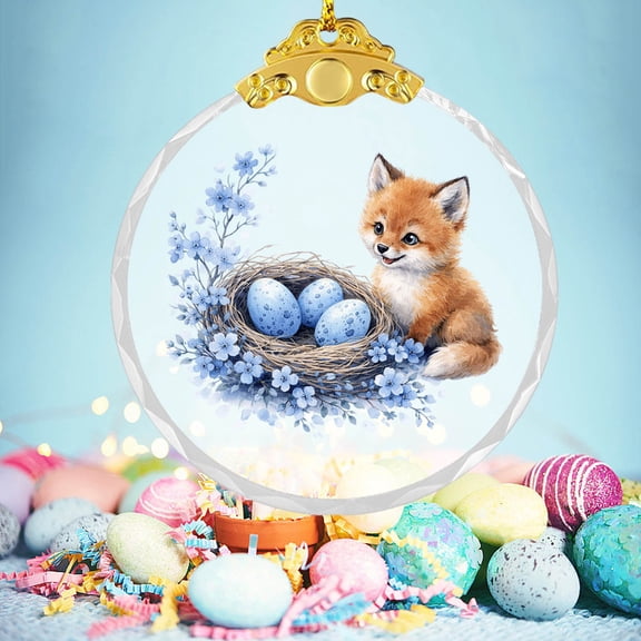 Beautynvta Clear Round Easter Ornaments, 2D Flat Crystal Glass Pendant with Blue Eggs Forest Animals Pattern, Spring Holiday Hanging Decor for Easter Tree, Wall, Window, Gold