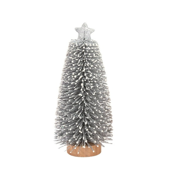 Beautynvta Artificial Mini Christmas Tree Ornaments, Tabletop Plastic Christmas Tree with Wooden Base and Top Topper for Miniature Scenes, Christmas Party Home Decor, 8.3 Inch, Silver