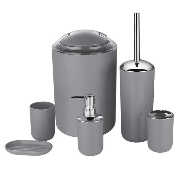 Beautynvta Bathroom Accessories, 6 Piece Includes Toothbrush Holder, Toothbrush Cup, Soap Dispenser and Dish, Toilet Bowl Brush Holder,Trash Can for Ware Home Decor Bathroom, Gray