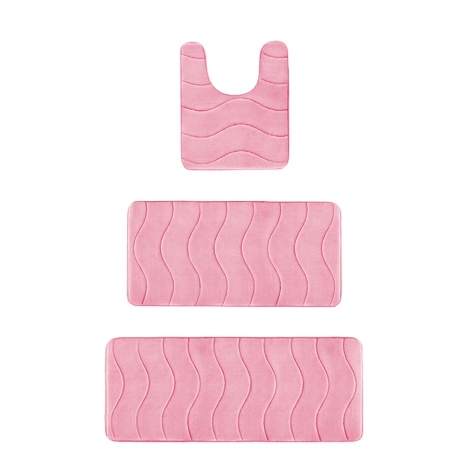 Beautynvta Memory Foam Bath Mat Set, 3 Pieces Quick-Dry Absorbent Bath Mats and U-Shaped Contour Rug for Bathroom, Non-Slip and Soft Comfortable, Pink