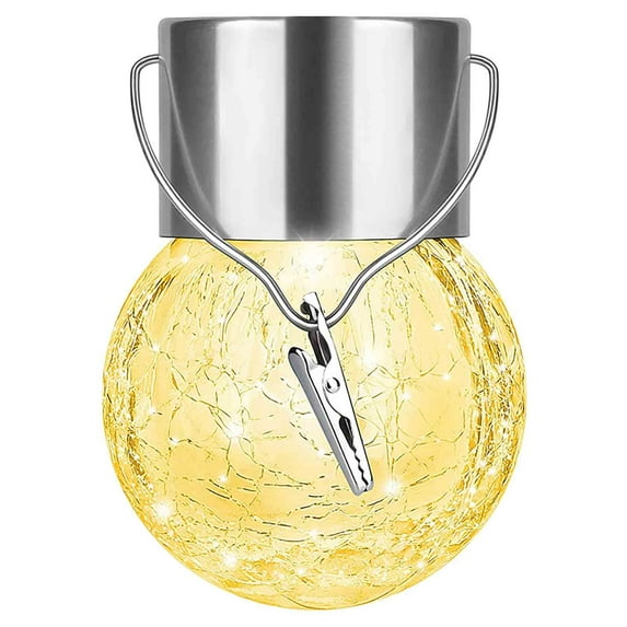 Beautynvta Solar Lantern Crackle Glass Ball, Globe Pendant LED Light, Glass Ball Chandelier for Garden, Hanging Solar Lights for Patio Yard Lawn Backyard Decor, Warm White Light