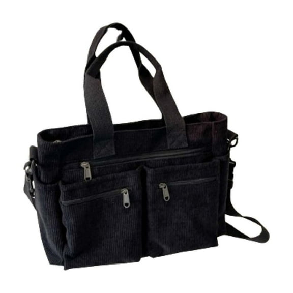Beautynvta Corduroy Tote Bag with Multi-Pocket for Women, Large Crossbody Shoulder Handbag Everything Tote Bag with Compartments, Black