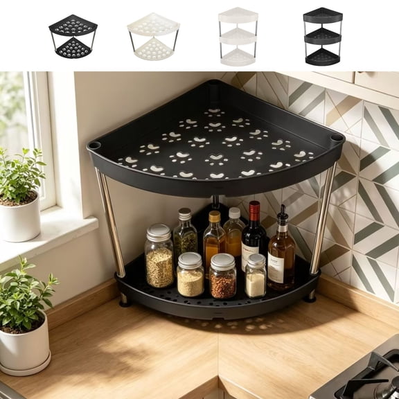 Beautynvta Countertop Spice Rack, 2 Tier Corner Storage Shelf Organizer, Triangle Bathroom Sink Organizer, Cat Paw Design, Black