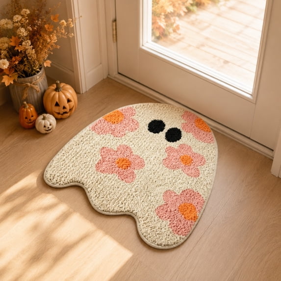Beautynvta Cute Ghost Shaped Doormat, Non-Slip Soft Fluffy Floor Rug, Absorbent Decorative Mat for Front Porch Entryway Bathroom Fall Decor