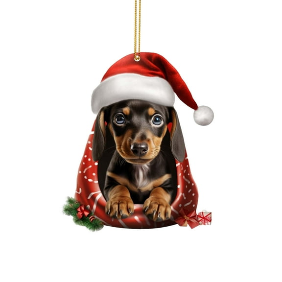 Beautynvta Dachshund Christmas Tree Decorations, Cute Dog Acrylic Hanging Decor, Flat Funny Sausage Dog Animal Pendant for Xmas Tree Car Interior Holiday Party Gifts