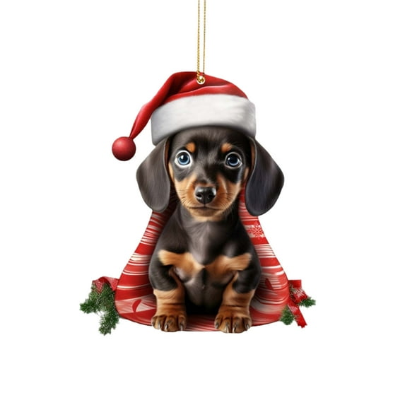 Beautynvta Dachshund Christmas Tree Decorations, Cute Dog Acrylic Hanging Decor, Flat Funny Sausage Dog Animal Pendant for Xmas Tree Car Interior Holiday Party Gifts