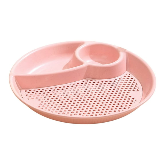 Beautynvta Divided Dumpling Plate with Dipping Saucer, Unbreakable Lightweight Dinner Plates with 3 Compartments, Reusable Plastic Food Tray with Drip Tray, Pink