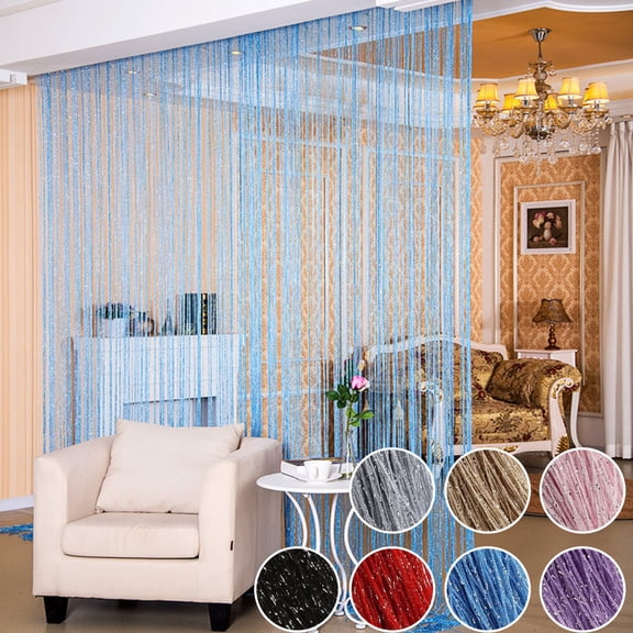 Beautynvta Door String Curtain Beaded Curtain, Flat Silver Ribbon Thread Fringe Window Panel, Hanging Room Divider Strip Tassel Curtain, Boho Home Decoration, 39.4''x78.7'', Blue