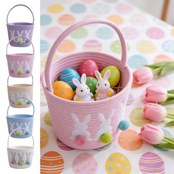 Beautynvta Easter Basket with Handle, Cute Bunny Baskets, Cotton Rope Woven Baskets, Personalized Bunny Easter Basket for Kids Outdoor Egg Hunt, Pink