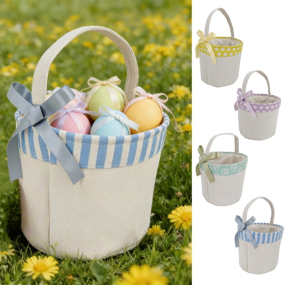 Beautynvta Easter Baskets, Cloth Storage Baskets with Satin Bow, Easter Egg Hunt Tote Baskets, Decorative Egg Bucket for Gifts Candy Home Decor, Yellow