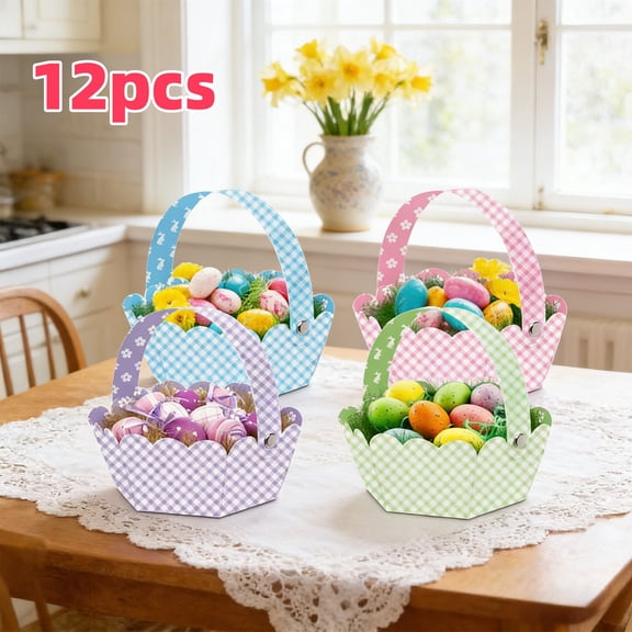 Beautynvta Easter Baskets Paper Craft Kits, 12 Pcs DIY Easter Paper Gift Baskets with Handles, Desktop Storage Baskets for Party Favors Egg Hunts Home Decor, Green Blue Pink Purple