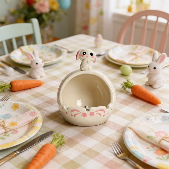 Beautynvta Easter Bunny Ceramic Ashtray, Cute Deep Ash Tray with Rabbit Figurines for Smokers, Bunny Ash Holder for Indoor Tabletop Home Office Decor
