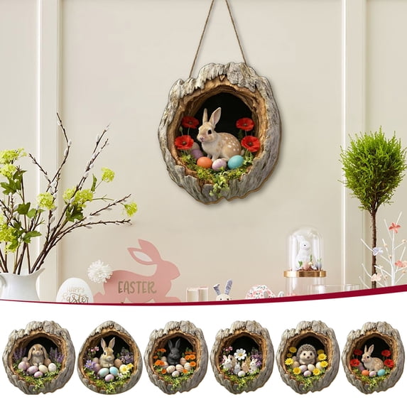 Beautynvta Easter Bunny Decorations, 2D Flat Acrylic Bunny in Tree Hole Decor, 7.8'' Easter Hanging Ornaments for Front Door Wall Window Festival Display