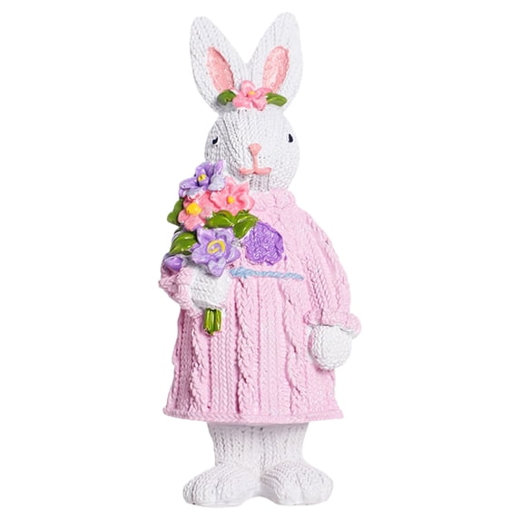 Beautynvta Easter Bunny Decorations, 5.9'' Cute Resin Sweater Rabbit Statue with Flowers for Easter Table Centerpiece Spring Garden Outdoor Decorations