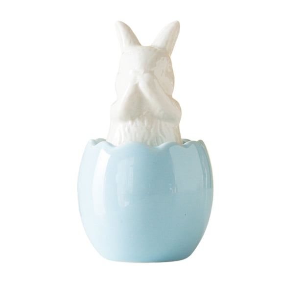 Beautynvta Easter Bunny Decorations, Ceramics Bunny Statue White Rabbit in Blue Egg Shell Figurine for Spring Easter Table Centerpiece Home Decor