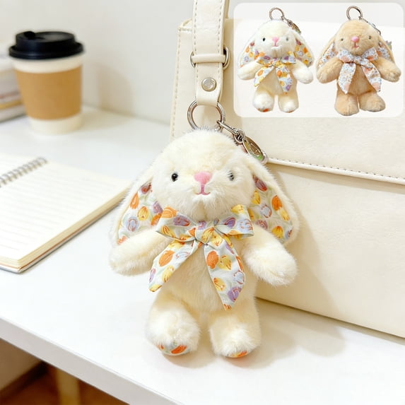Beautynvta Easter Bunny Plushed Keychain for Backpack, 5.91'' Exquisite Bunny Doll Keychain with Bow, Small Rabbit Purse Charm Pendant Gift for Women, Khaki