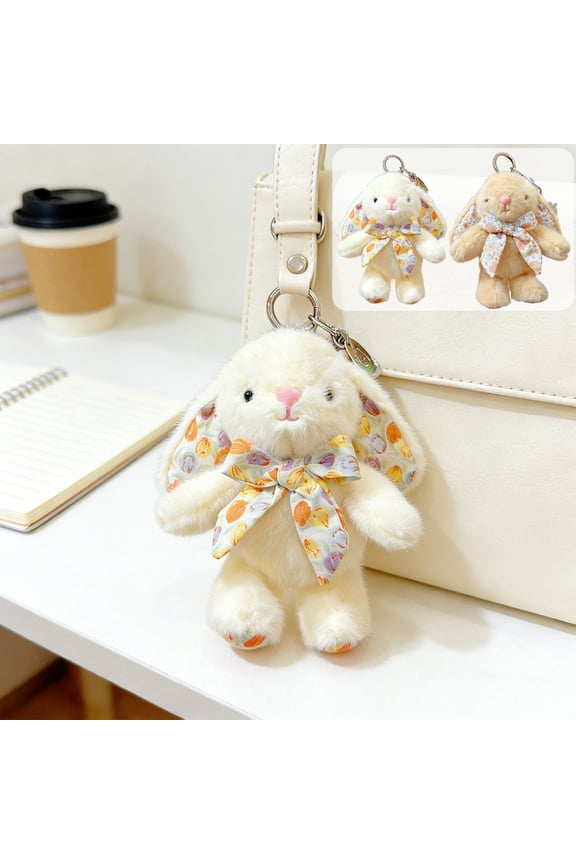 Easter Bunny Plushed Keychain for Backpack, 5.91'' Exquisite Bunny Doll Keychain with Bow, Small Rabbit Purse Charm Pendant Gift for Women, Yellow