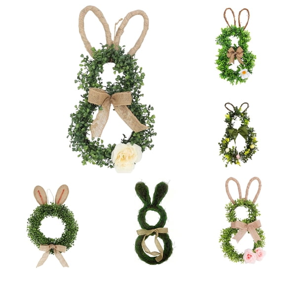 Beautynvta Easter Bunny Wreath for Front Door, Spring Bunny Shaped Artificial Eucalyptus Garland with Bow and Flower for Farmhouse Holiday Wall Home Window Decor