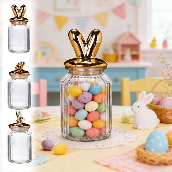 Beautynvta Easter Candy Jar, 1000ML Clear Stripes Glass Jar Candy Storage Container with Gold Rabbit Ears Lid, Easter Kitchen Storage Jar, Easter Decorations