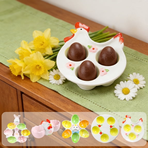 Beautynvta Easter Ceramic Egg Holders, 6 Hole Easter Bunny Deviled Egg Platter, Deviled Egg Tray Container for Spring Kitchen Decor, Holiday Table Centerpiece