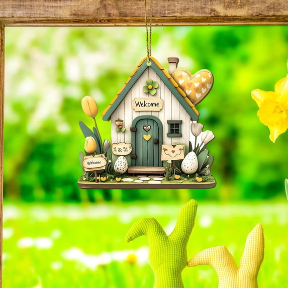 Beautynvta Easter Decoration, Exquisite 2D Acrylic Wood House Hanging Ornaments, Spring Flower Heart Egg Decor, Personalized Easter Pendant for Tree, Car, Backpack Decor